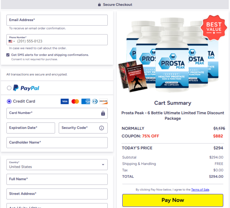 Prosta Peak secure checkout page showing safe and easy order process for customers